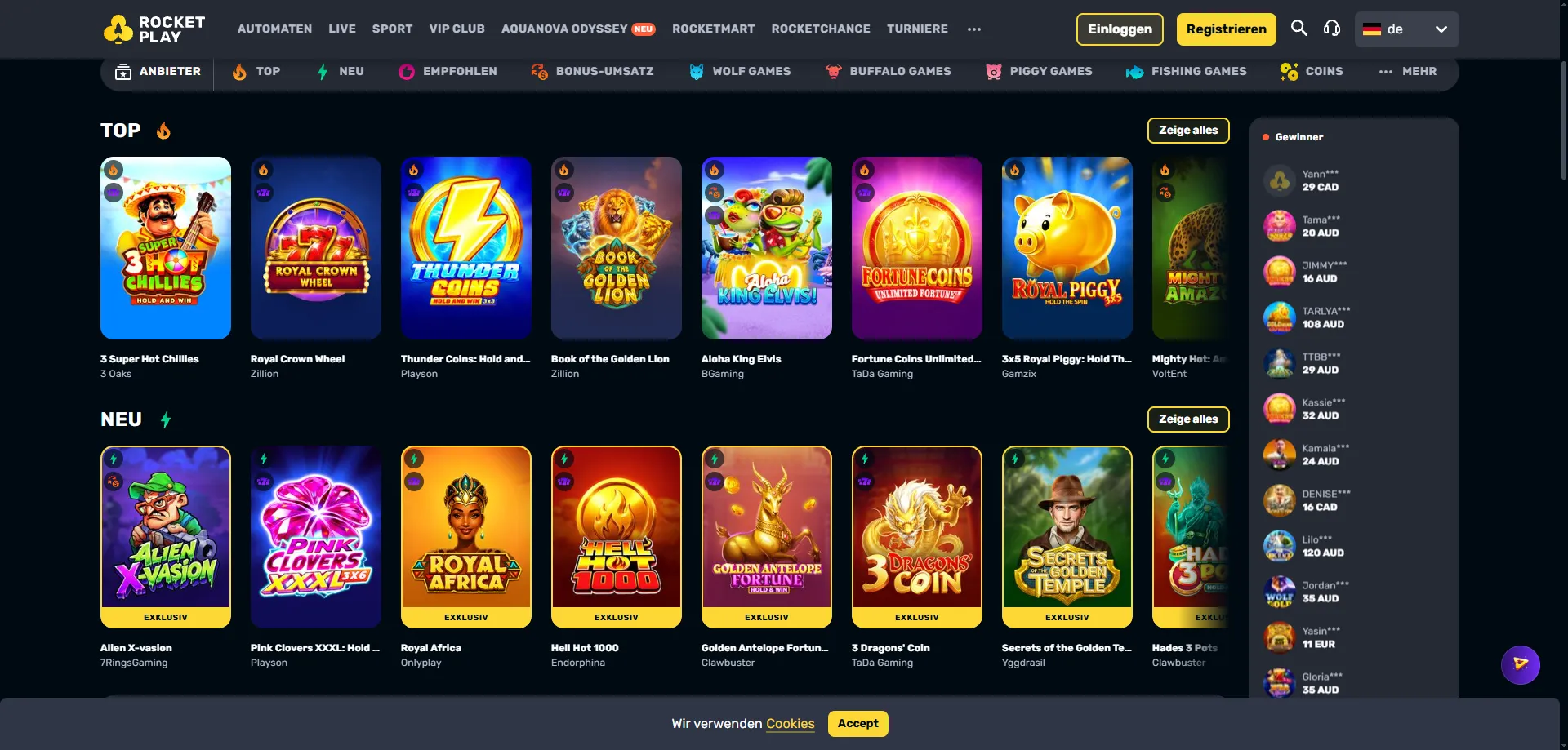 Rocketplay pokies lobby — hundreds of online slot games available